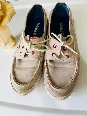 Timberland Beige Canvas Boat Shoes with Red Eyelets and Blue Lining